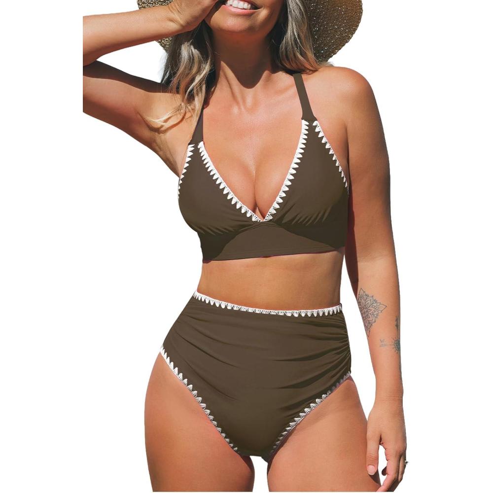 imageCUPSHE Womens Bikini Sets High Waisted Swimsuit Deep V Neck Crisscross Back Tie Stitching Ruched Full CoverageBrown