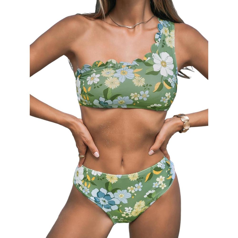 imageCUPSHE Womens Bikini Sets Two Piece Bathing Suit One Shoulder Scalloped Wide Strap Back HookGreenBlue Floral