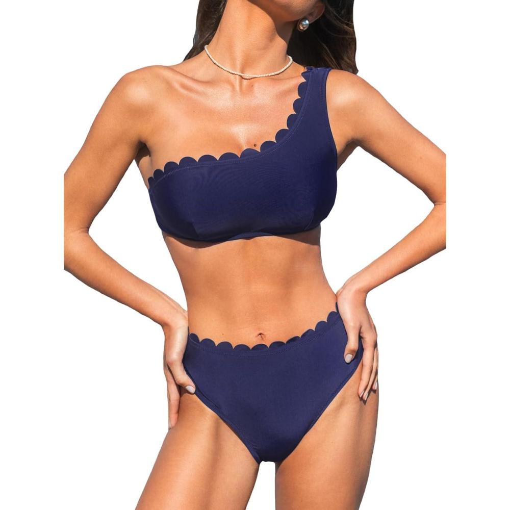 imageCUPSHE Womens Bikini Sets Two Piece Bathing Suit One Shoulder Scalloped Wide Strap Back HookNavy Blue