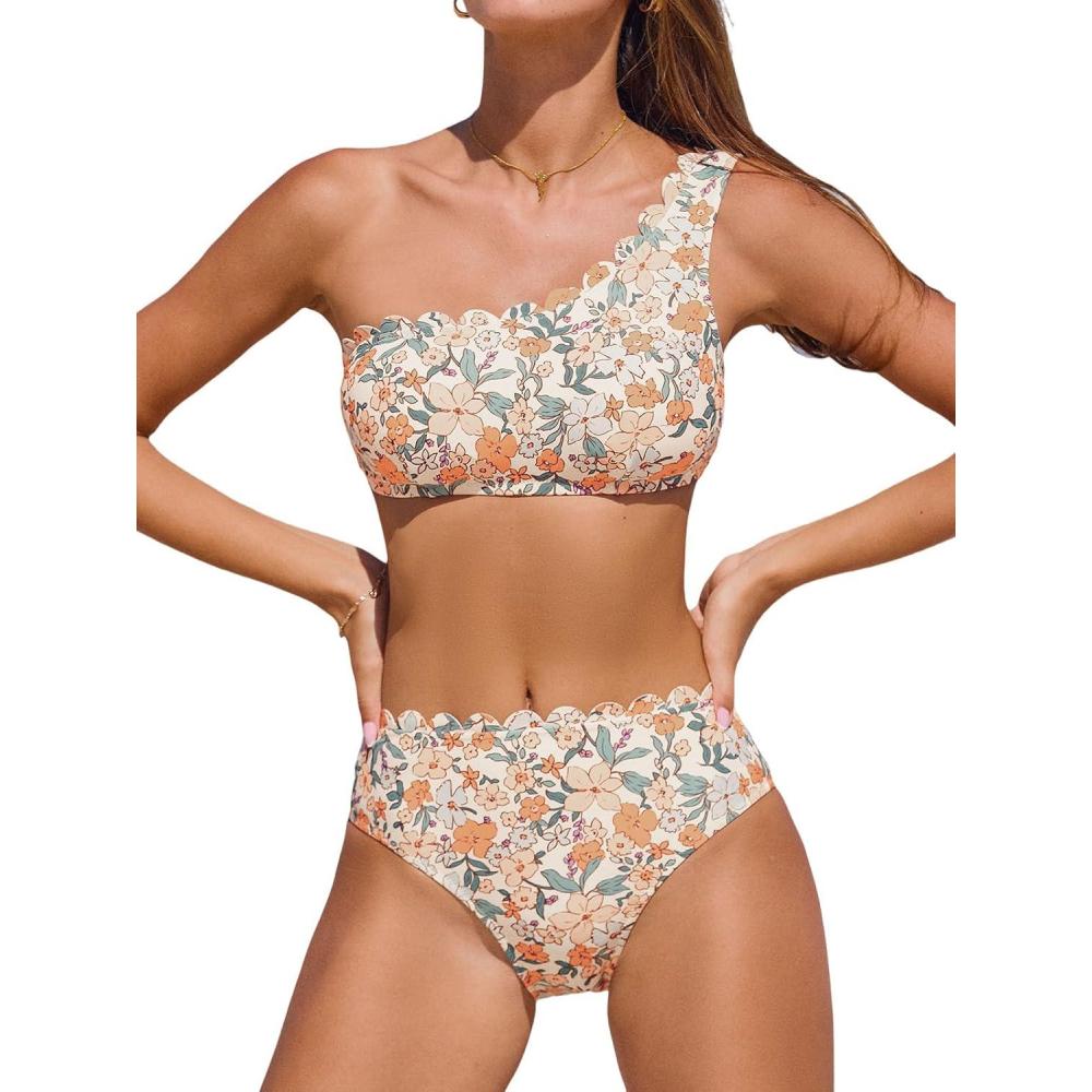 imageCUPSHE Womens Bikini Sets Two Piece Bathing Suit One Shoulder Scalloped Wide Strap Back HookYellowOrange Floral