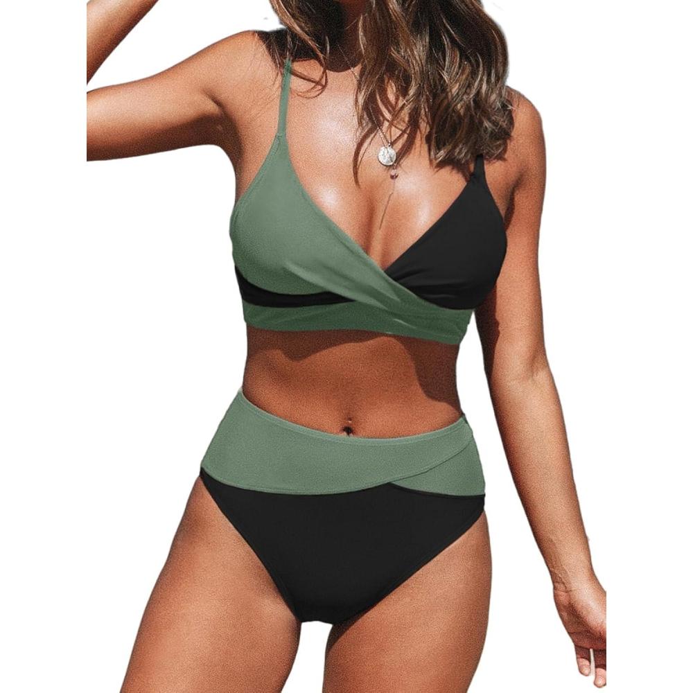 imageCUPSHE Womens Bikini Sets Two Piece Swimsuit High Waisted V Neck Twist Front Adjustable Spaghetti Straps Bathing SuitBlackGreen