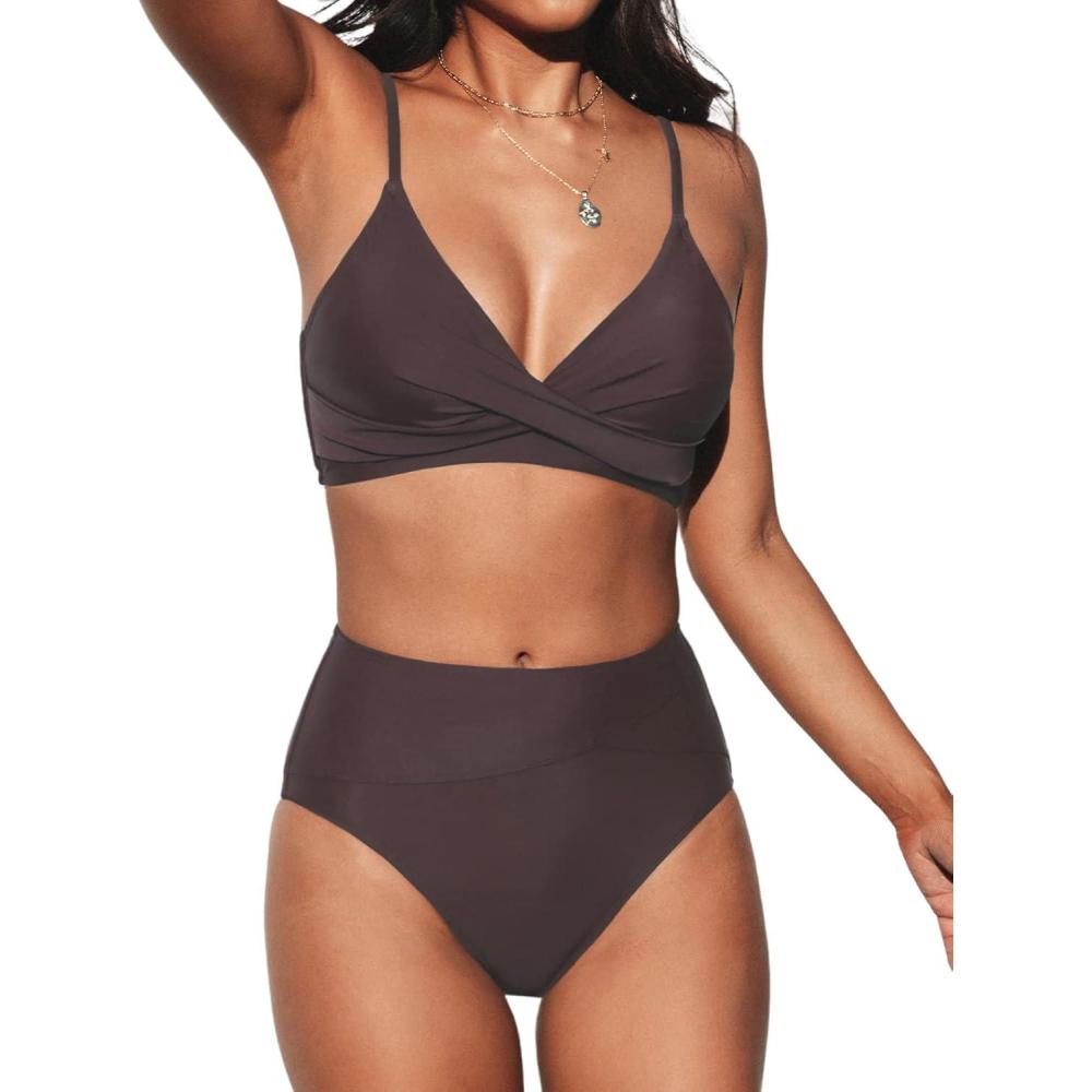 imageCUPSHE Womens Bikini Sets Two Piece Swimsuit High Waisted V Neck Twist Front Adjustable Spaghetti Straps Bathing SuitBrown