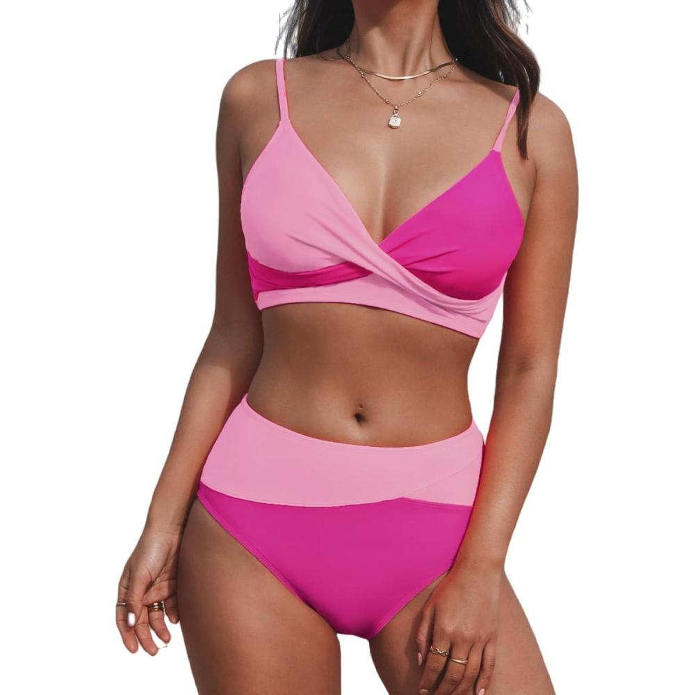 imageCUPSHE Womens Bikini Sets Two Piece Swimsuit High Waisted V Neck Twist Front Adjustable Spaghetti Straps Bathing SuitMagentaPink