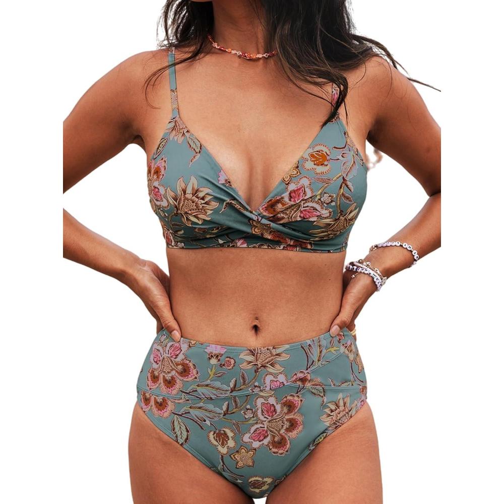 imageCUPSHE Womens Bikini Sets Two Piece Swimsuit High Waisted V Neck Twist Front Adjustable Spaghetti Straps Bathing SuitRed Floral