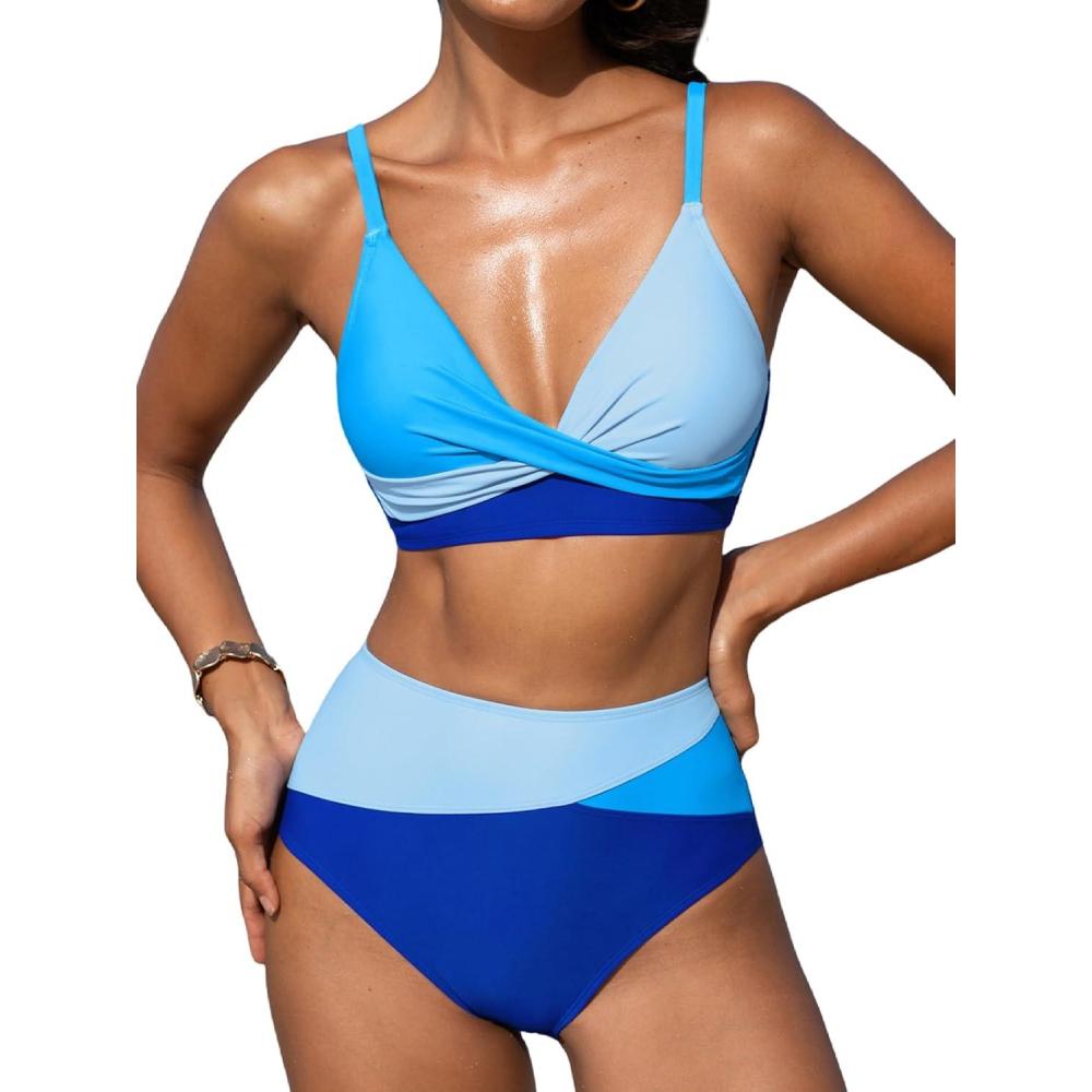 imageCUPSHE Womens Bikini Sets Two Piece Swimsuit High Waisted V Neck Twist Front Adjustable Spaghetti Straps Bathing SuitSky BlueAzure Blue