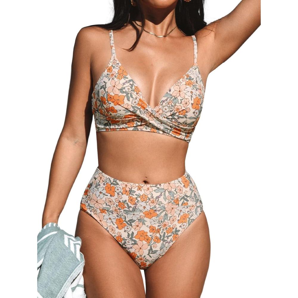 imageCUPSHE Womens Bikini Sets Two Piece Swimsuit High Waisted V Neck Twist Front Adjustable Spaghetti Straps Bathing SuitYellow Floral