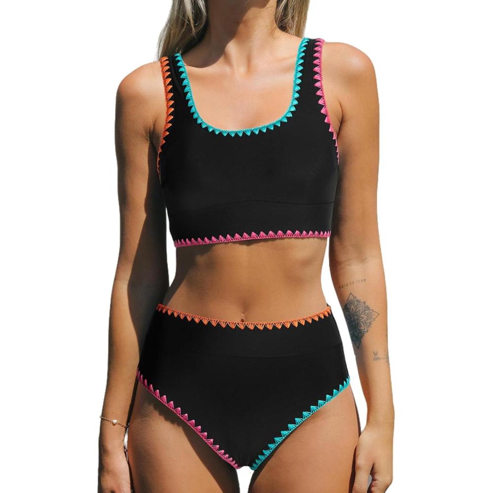 imageCUPSHE Womens Bikini Sets Two Piece Swimsuit Scoop Neck Tank Wide Straps Midkini StitchingBlack