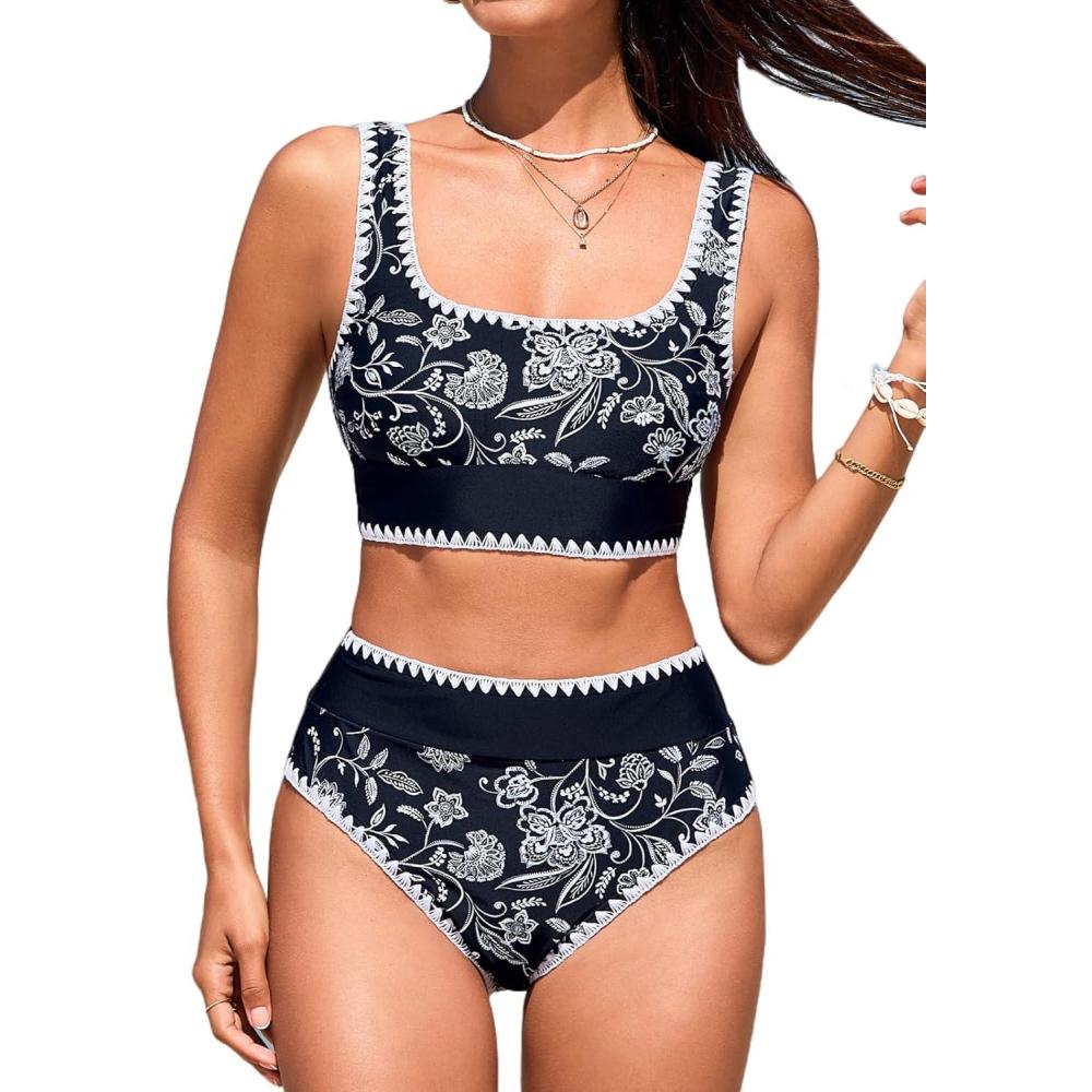 imageCUPSHE Womens Bikini Sets Two Piece Swimsuit Scoop Neck Tank Wide Straps Midkini StitchingBlackWhite