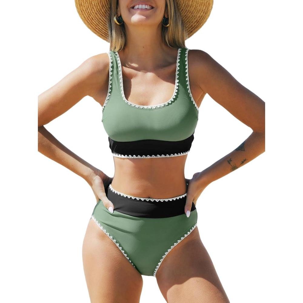 imageCUPSHE Womens Bikini Sets Two Piece Swimsuit Scoop Neck Tank Wide Straps Midkini StitchingGreenBlack
