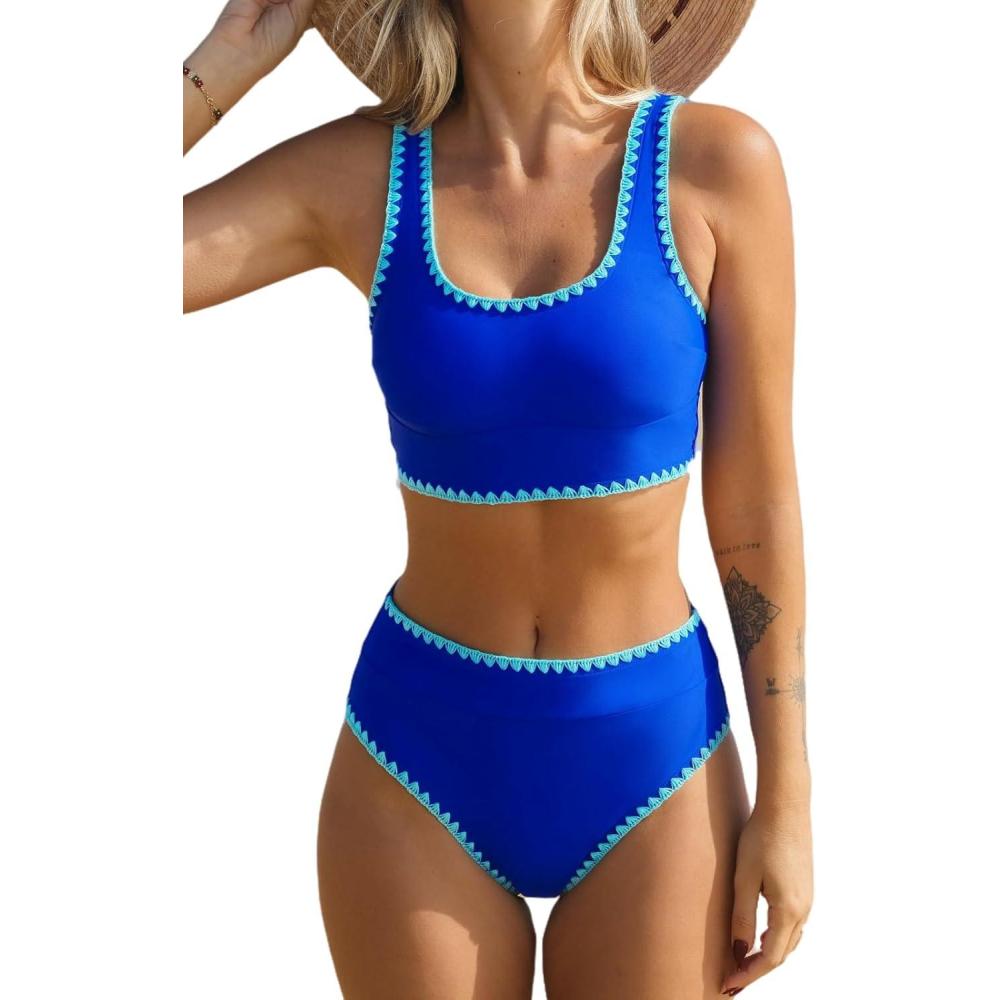 imageCUPSHE Womens Bikini Sets Two Piece Swimsuit Scoop Neck Tank Wide Straps Midkini StitchingLapis Blue