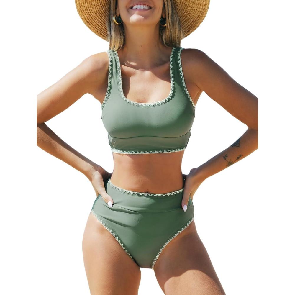 imageCUPSHE Womens Bikini Sets Two Piece Swimsuit Scoop Neck Tank Wide Straps Midkini StitchingLight Green