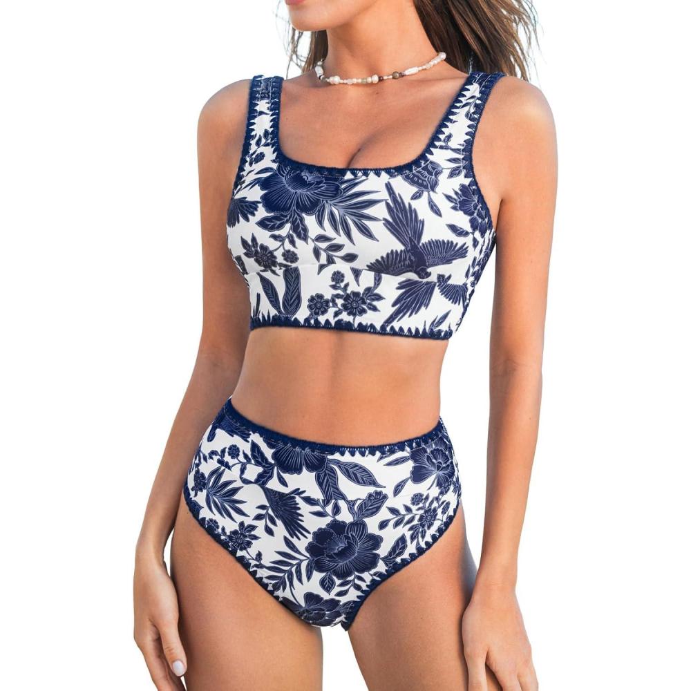 imageCUPSHE Womens Bikini Sets Two Piece Swimsuit Scoop Neck Tank Wide Straps Midkini StitchingWhiteNavy Floral