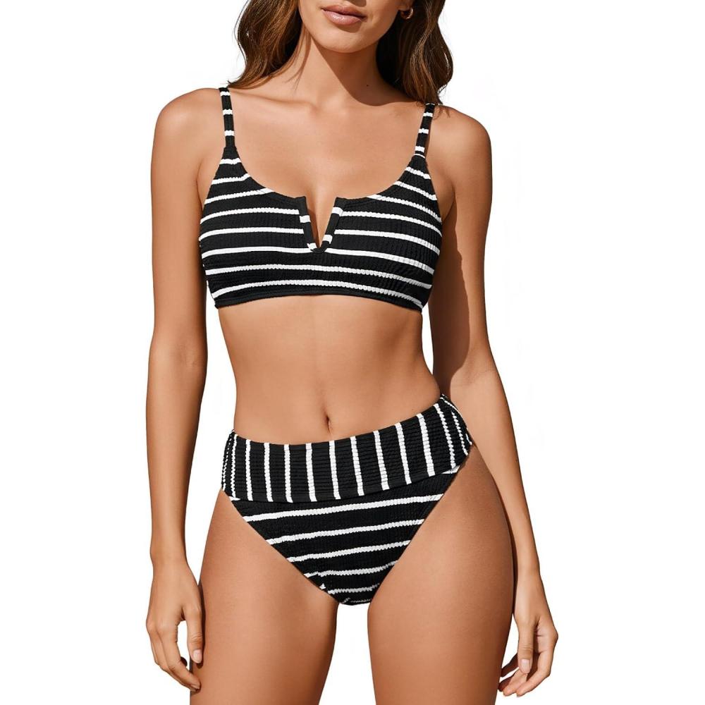 imageCUPSHE Womens Bikini Sets Two Piece Swimsuit Scoop Neck V Wire High Waisted Color Block Adjustable Straps TexturedBlackWhite Striped