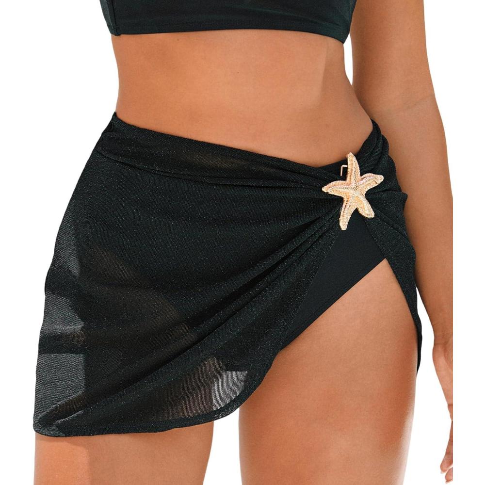 imageCUPSHE Womens High Waisted Bikini Bottom with Shiny Sarong Swim Skirt Swimsuit Full Coverage Modest Swim BottomBlack