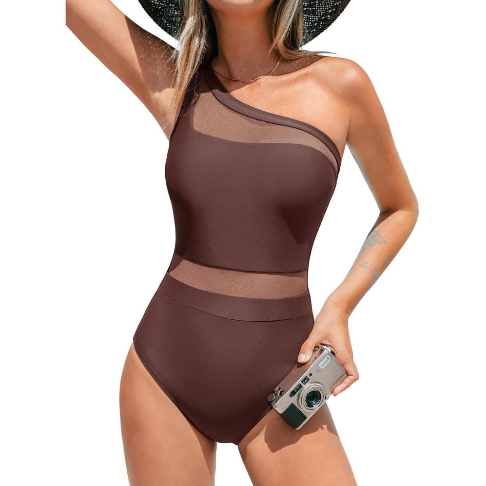 imageCUPSHE Womens One Piece Swimsuit Asymmetric Neck One Shoulder Bathing Suit Mesh SwimwearBrown