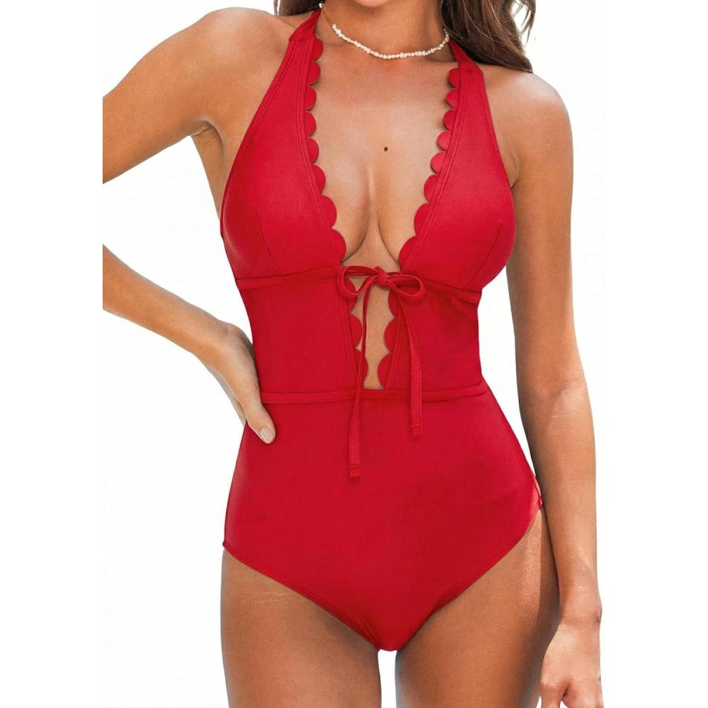 imageCUPSHE Womens One Piece Swimsuit Bathing Suits Halter Deep V Neck Self Tie Cutout Scalloped SwimwearRuby Red