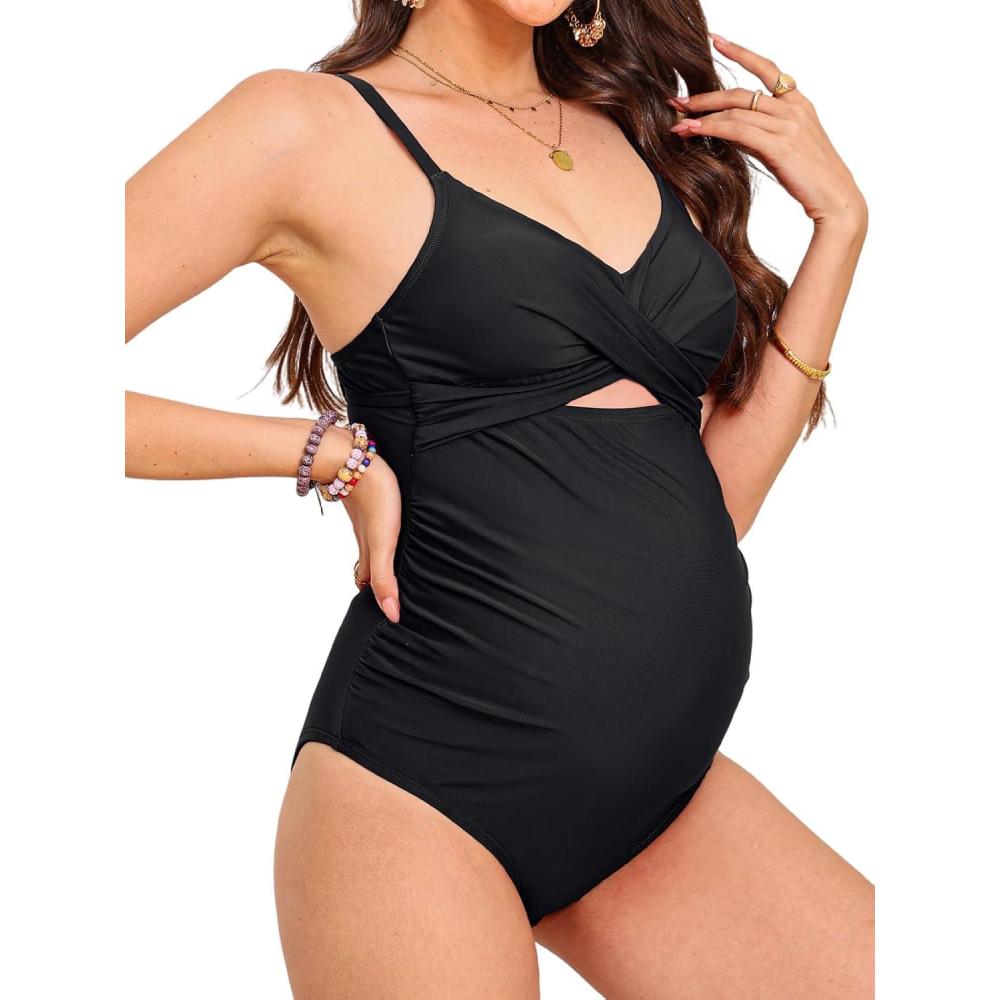imageCUPSHE Womens One Piece Swimsuit Maternity Wrapped Front Ruched Pregnancy Bathing Suit Back Hook CutoutBlack