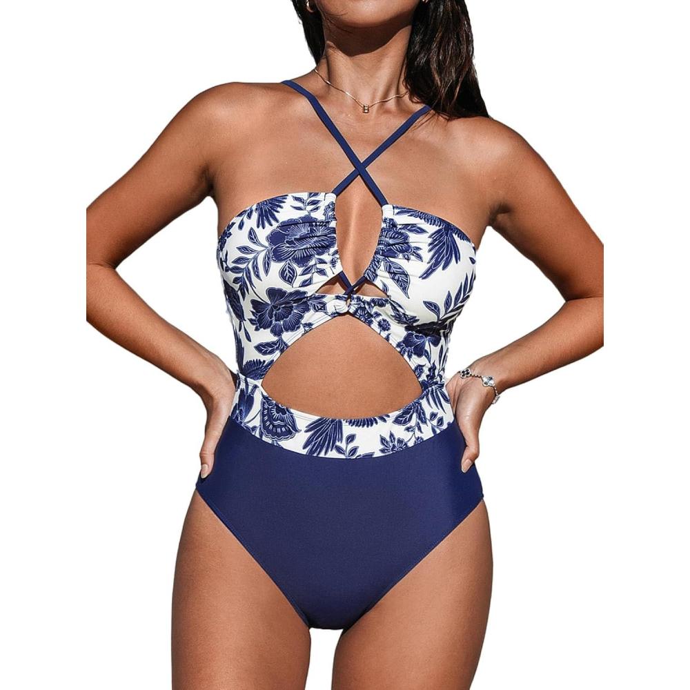 imageCUPSHE Womens One Piece Swimsuit Plunge Neckline Cutout Criss Cross Bathing SuitBlue Floral