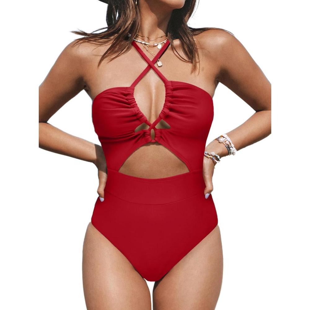 imageCUPSHE Womens One Piece Swimsuit Plunge Neckline Cutout Criss Cross Bathing SuitRed