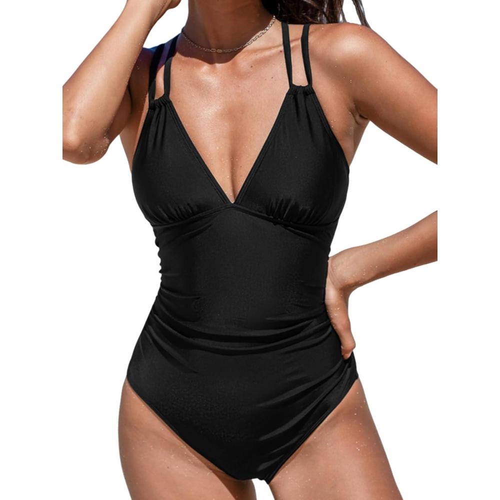 imageCUPSHE Womens One Piece Swimsuit V Neck Tummy Control Double Adjustable Straps Back Cutout ORingBlack