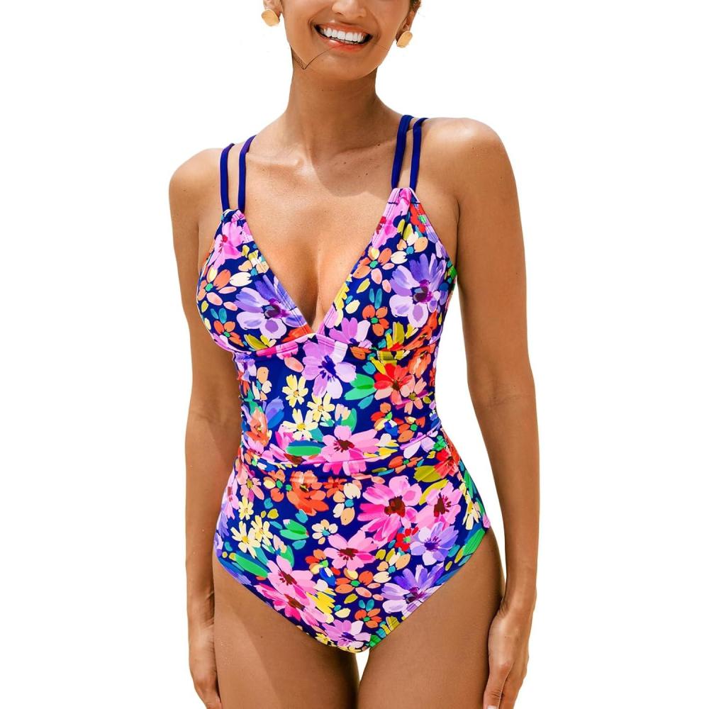 imageCUPSHE Womens One Piece Swimsuit V Neck Tummy Control Double Adjustable Straps Back Cutout ORingPink Floral