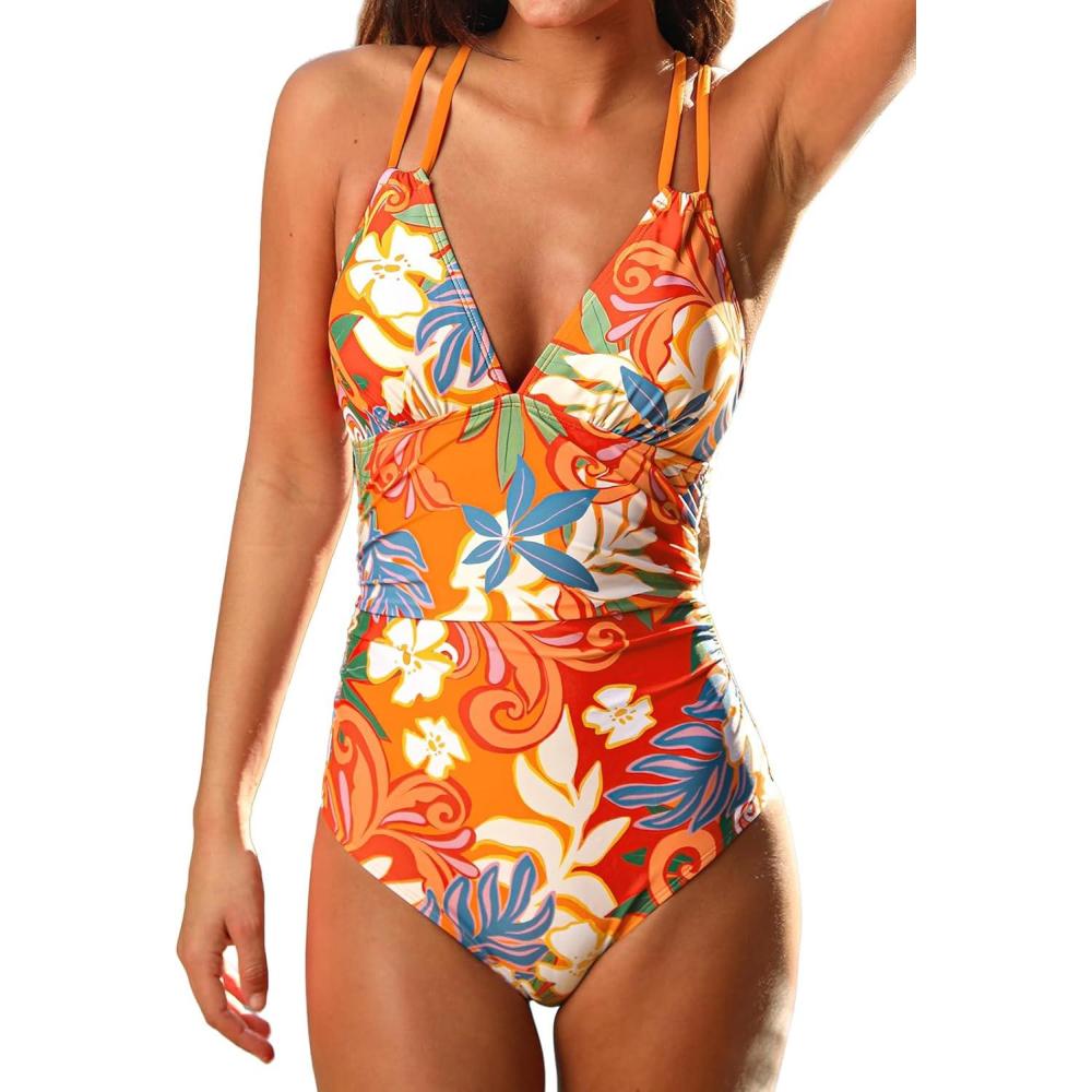 imageCUPSHE Womens One Piece Swimsuit V Neck Tummy Control Double Adjustable Straps Back Cutout ORingRedOrange Floral