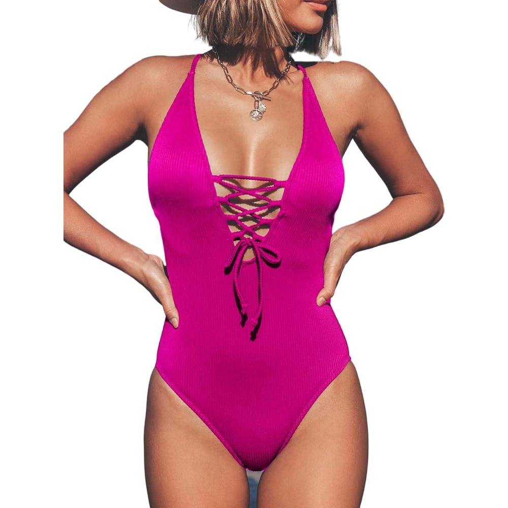imageCUPSHE Womens Solid Color V Neck Lace Up One Piece SwimsuitMagenta