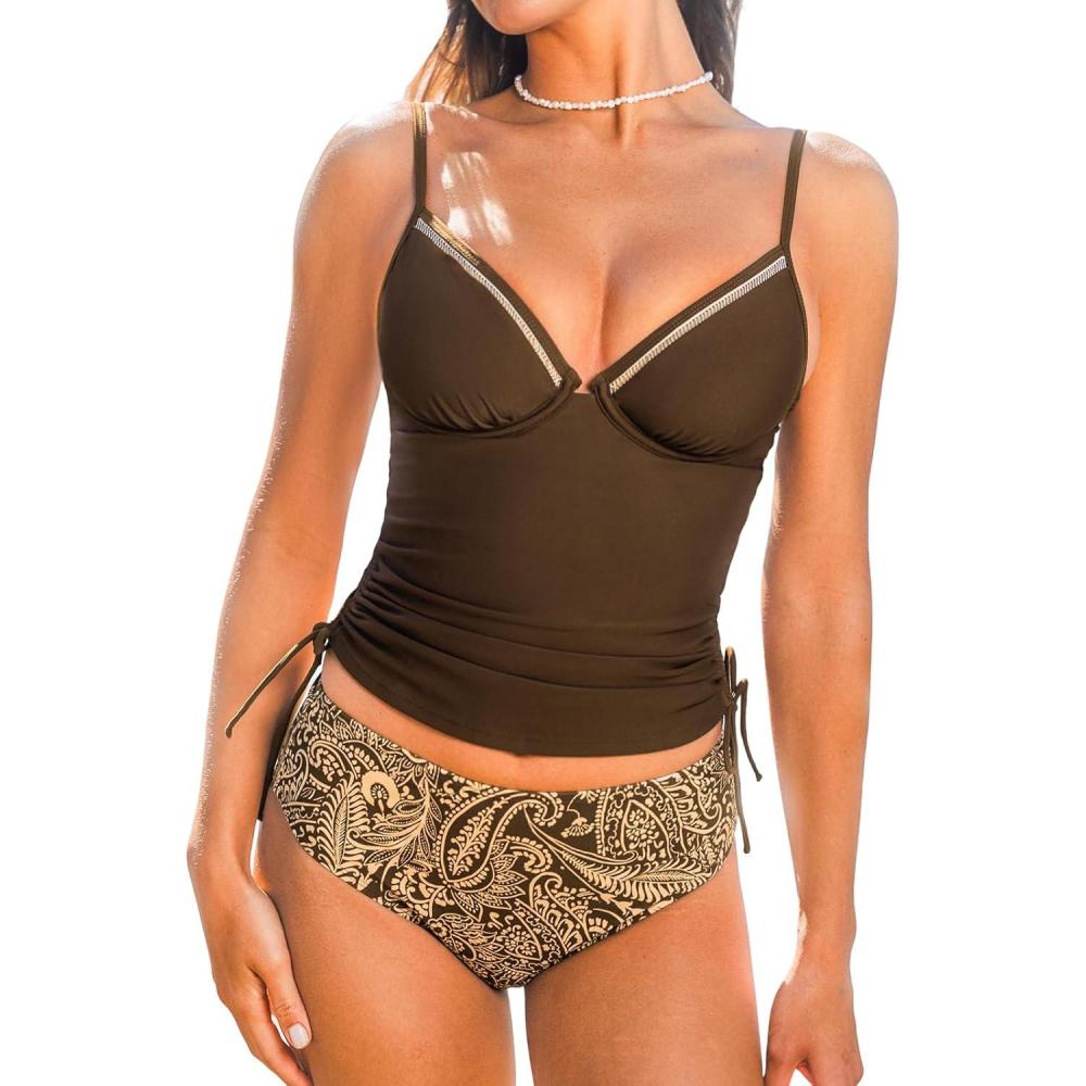 imageCUPSHE Womens Tankini Sets Diamond V Neck Underwire Cutouts Two Piece Swimsuit Adjustable Straps Drawstrings SwimwearBrownTropical