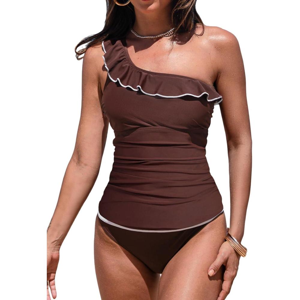imageCUPSHE Womens Tankini Sets One Shoulder Neck Asymmetrical Ruffles Two Piece Swimsuit Adjustable Straps SwimwearReddish Brown