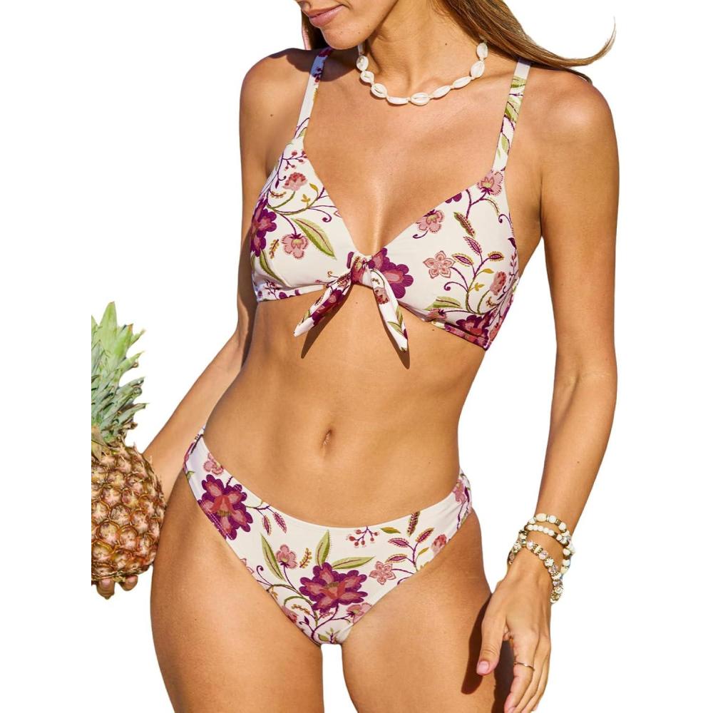 imageCUPSHE Womens Two Piece Bikini Set Floral Print Knot Bunny TieBeigeMagenta Floral