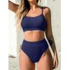 CUPSHE Women’s Bikini Set Two Piece Swimsuits High Waisted Scoop Neck Spaghetti Adjustable Straps Textured(Navy Blue)