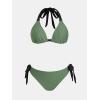 CUPSHE Women’s Bikini Set Two Piece Swimsuits V Neck Halter Strap Back Hook Bathing Suit Mid Rise Side Tie Swimwear(Dark Green/Black)