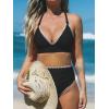 CUPSHE Women’s Bikini Sets High Waisted Swimsuit Deep V Neck Crisscross Back Tie Stitching Ruched Full Coverage(Black)