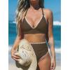 CUPSHE Women’s Bikini Sets High Waisted Swimsuit Deep V Neck Crisscross Back Tie Stitching Ruched Full Coverage(Brown)