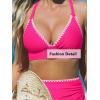 CUPSHE Women’s Bikini Sets High Waisted Swimsuit Deep V Neck Crisscross Back Tie Stitching Ruched Full Coverage(Magenta Pink)
