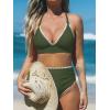 CUPSHE Women’s Bikini Sets High Waisted Swimsuit Deep V Neck Crisscross Back Tie Stitching Ruched Full Coverage(Olive Green)