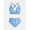 CUPSHE Women’s Bikini Sets High Waisted Swimsuit Deep V Neck Crisscross Back Tie Stitching Ruched Full Coverage(White/Blue Floral)