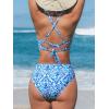 CUPSHE Women’s Bikini Sets High Waisted Swimsuit Deep V Neck Crisscross Back Tie Stitching Ruched Full Coverage(White/Blue Floral)