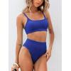 CUPSHE Women’s Bikini Sets Two Piece Bathing Suit High Waisted Ribbed Texture Widen Trim(Navy Blue)