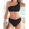 CUPSHE Women’s Bikini Sets Two Piece Bathing Suit One Shoulder Scalloped Wide Strap Back Hook(Black)