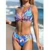 CUPSHE Women’s Bikini Sets Two Piece Bathing Suit One Shoulder Scalloped Wide Strap Back Hook(Blue/Tropical)