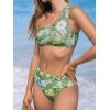 CUPSHE Women’s Bikini Sets Two Piece Bathing Suit One Shoulder Scalloped Wide Strap Back Hook(Green/Blue Floral)