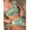 CUPSHE Women’s Bikini Sets Two Piece Bathing Suit One Shoulder Scalloped Wide Strap Back Hook(Green/Blue Floral)