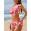 CUPSHE Women’s Bikini Sets Two Piece Bathing Suit One Shoulder Scalloped Wide Strap Back Hook(Pink/Tropical)