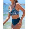 CUPSHE Women’s Bikini Sets Two Piece Swimsuit High Waisted V Neck Twist Front Adjustable Spaghetti Straps Bathing Suit(Teal Blue/White)