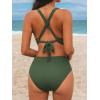 CUPSHE Women’s Bikini Sets Two Piece Swimsuit Plunging Neck Textured Bathing Suit Cross Back Self Tie Mid Rise Swimwear(Olive Green)