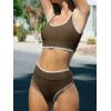 CUPSHE Women’s Bikini Sets Two Piece Swimsuit Scoop Neck Tank Wide Straps Midkini Stitching(Brown/White)