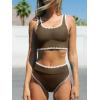 CUPSHE Women’s Bikini Sets Two Piece Swimsuit Scoop Neck Tank Wide Straps Midkini Stitching(Brown/White)