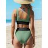 CUPSHE Women’s Bikini Sets Two Piece Swimsuit Scoop Neck Tank Wide Straps Midkini Stitching(Green/Black)