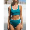CUPSHE Women’s Bikini Sets Two Piece Swimsuit Scoop Neck Tank Wide Straps Midkini Stitching(Teal Blue)